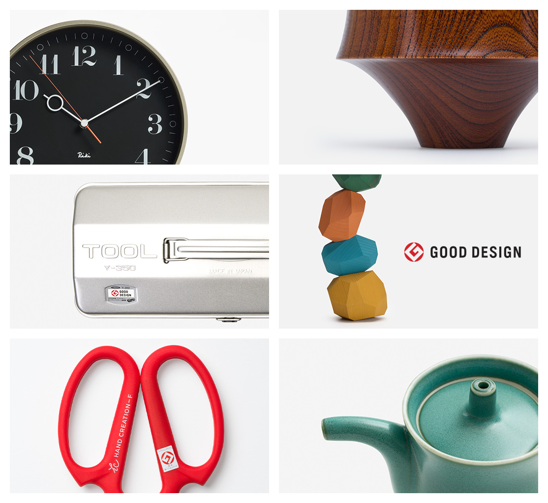Six products that have GOOD DESIGN AWARD in a grid formation from Japan House London.