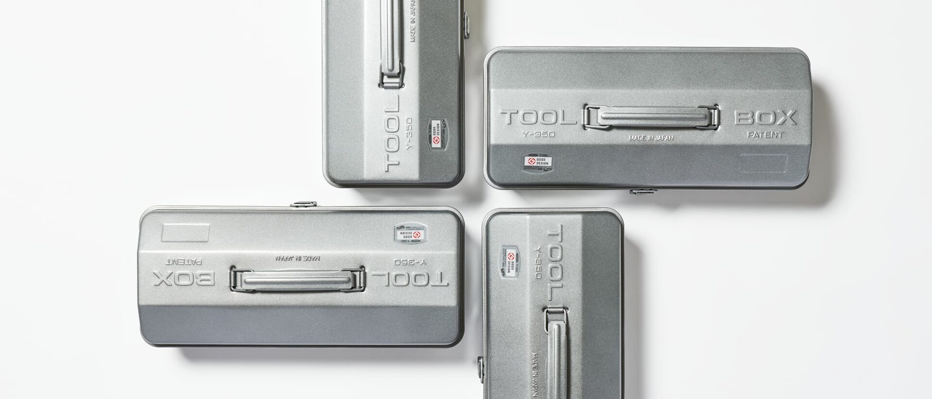 Four silver Toyo Steel Camber top tool boxes in a formation from Japan House London