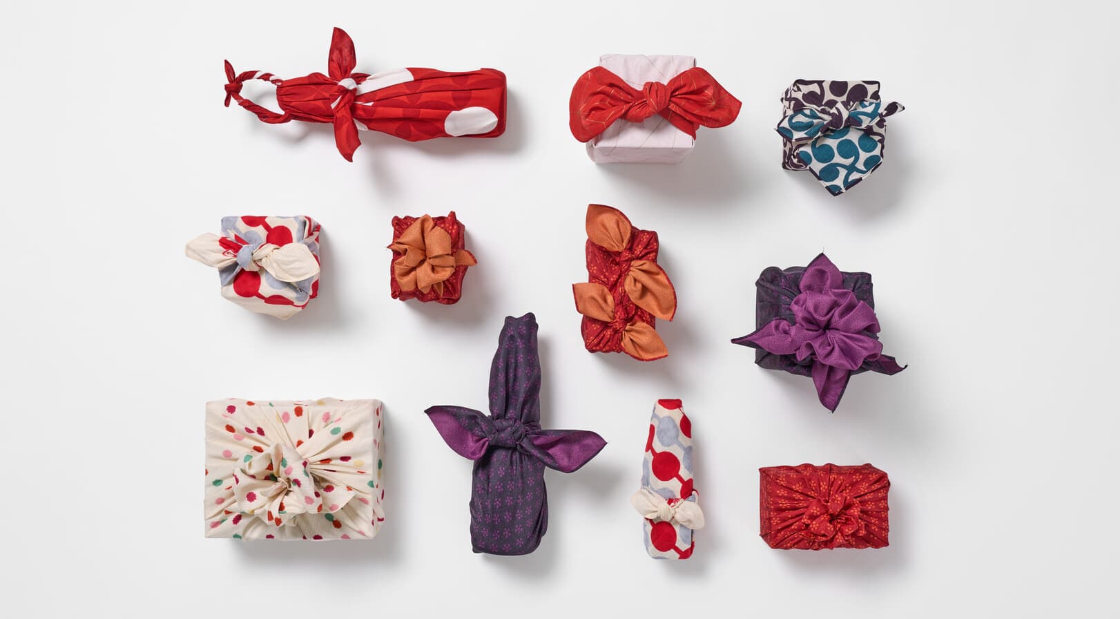 Eleven furoshiki wrapped presents from Japan House London.