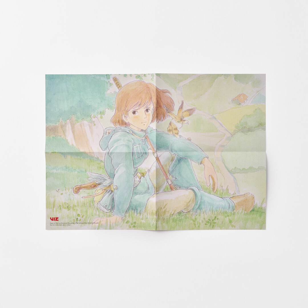 A poster with Nausicaä, the princess of the Valley of the Wind sitting from the Nausicaä of the Valley of the Wind Box Set from Japan House London.