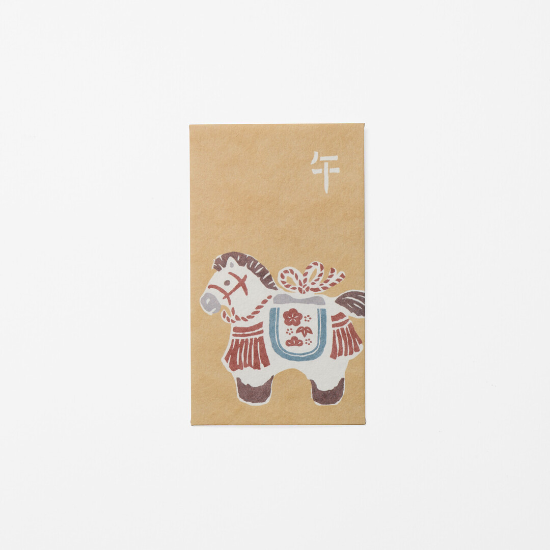 Pochibukuro, a small, yellow envelope for gifting money with decorative horse pattern from Japan House London.