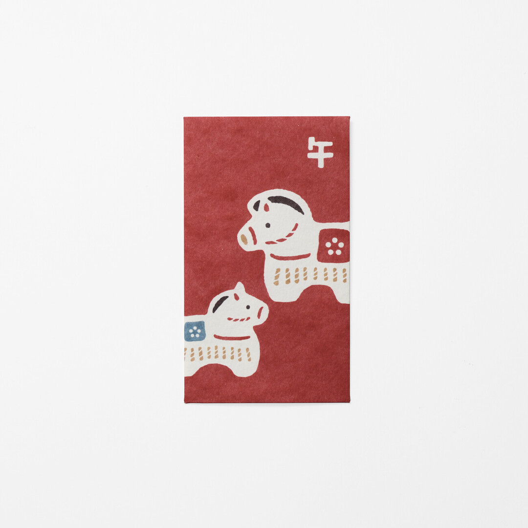 Pochibukuro, a small, red envelope for gifting money with two horse pattern from Japan House London.