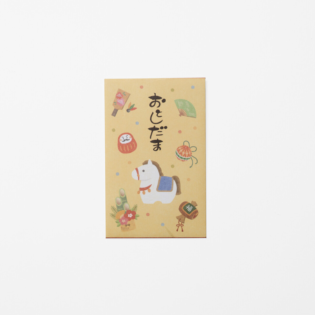 Pochibukuro, a small, yellow envelope for gifting money with festive New Years pattern with horse from Japan House London.