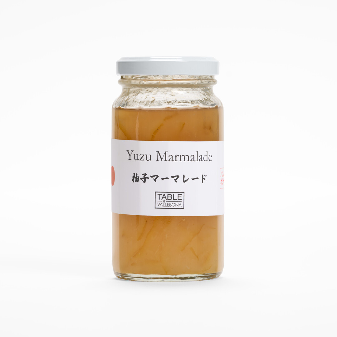 A jar filled with yellow yuzu marmalade by Valebona from Japan House London.