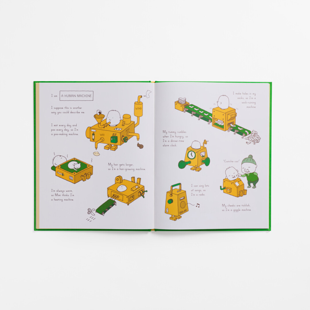 The yellow and green spread of 'CAN I BUILD ANOTHER ME?' with illustrations of a boy and a robot and by Yoshitake Shinsuke from Japan House London.