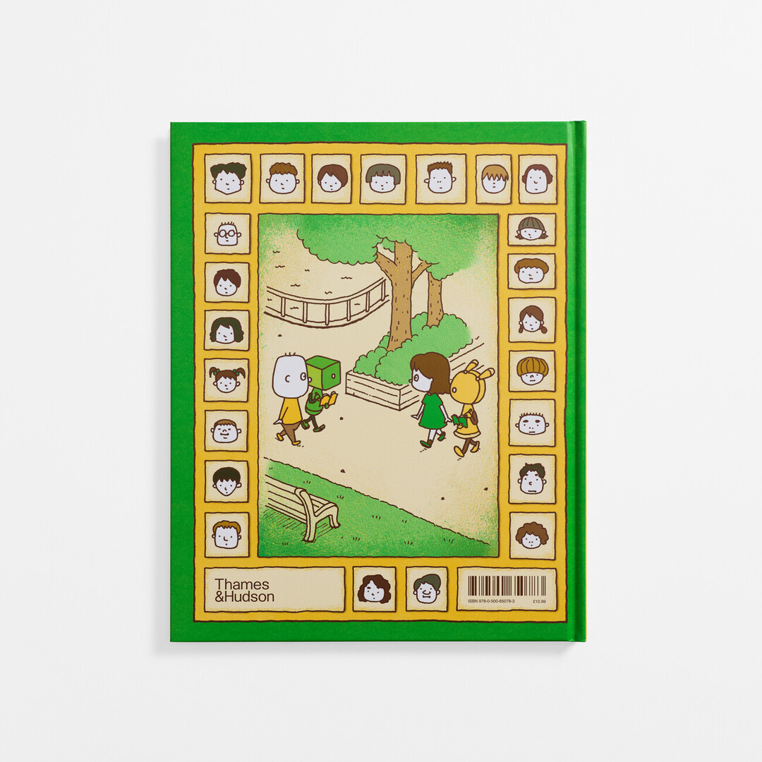 The yellow and green back cover of 'CAN I BUILD ANOTHER ME?' with illustrations of a boy and a robot and friends by Yoshitake Shinsuke from Japan House London.