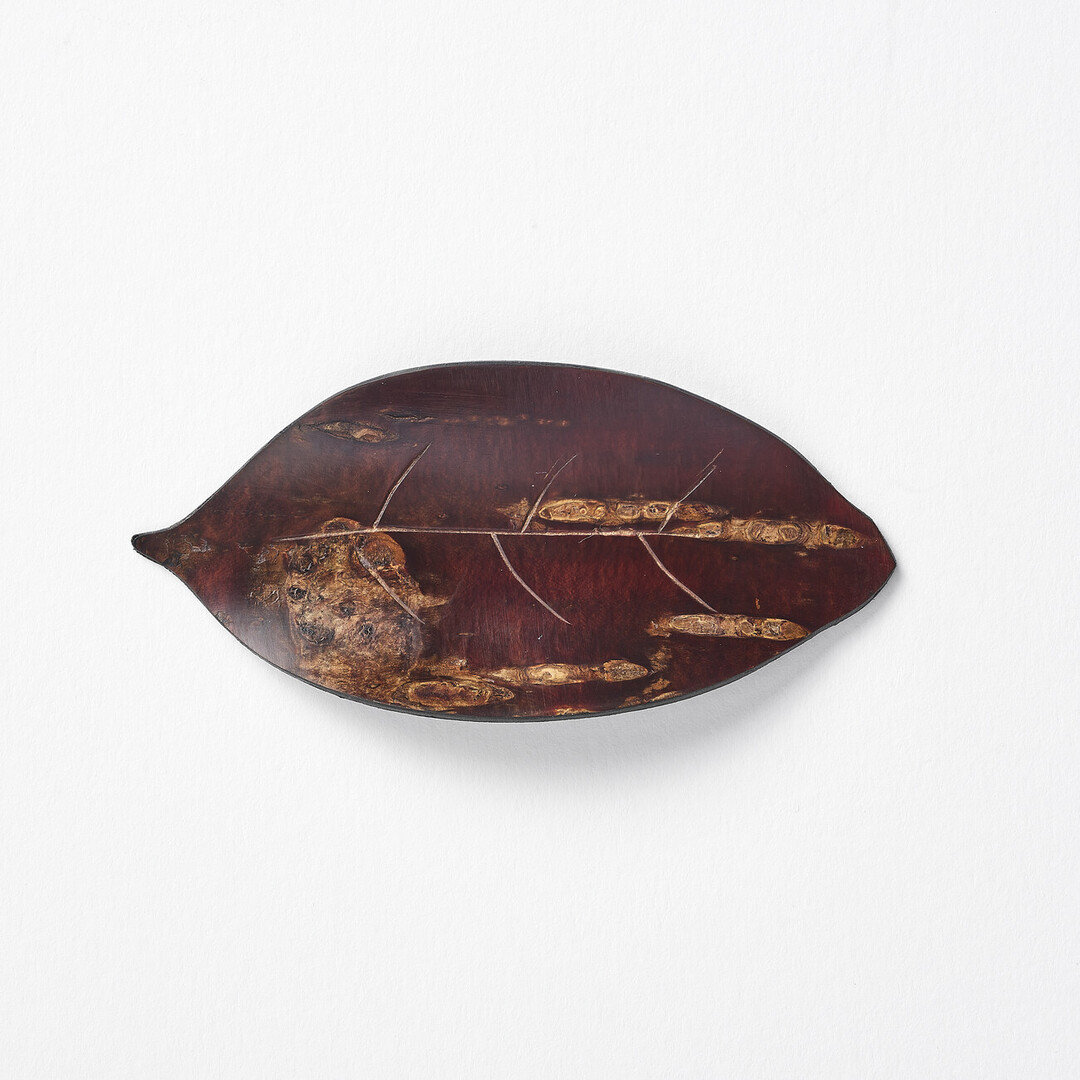 A leaf shaped tea scoop made from sakura tree bark by Tomioka Shoten from Japan House London.