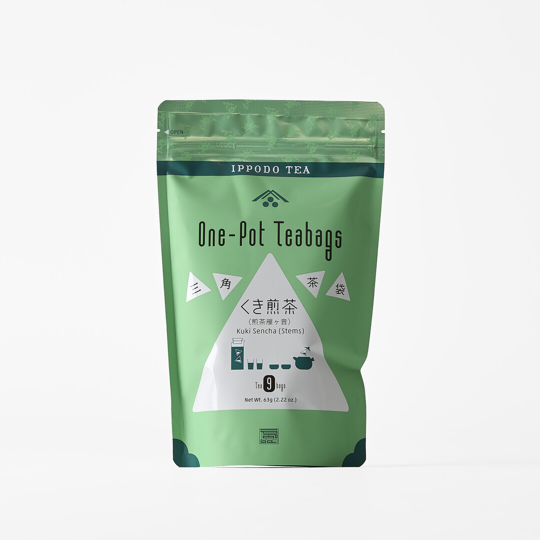 A green bag of kuki sencha tea bags from Ippodo from Japan House London.