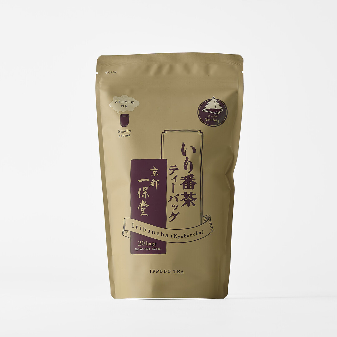 A brown bag of Iribancha tea bags from Ippodo from Japan House London.