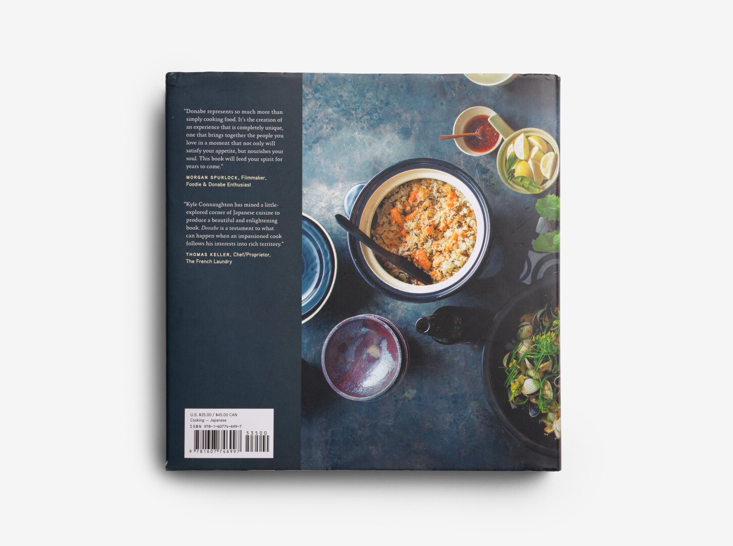 The back cover of Donabe Classic and Modern Japanese Clay Pot Cooking by Takei Moore Naoko / Kyle Connaughton from Japan House London.