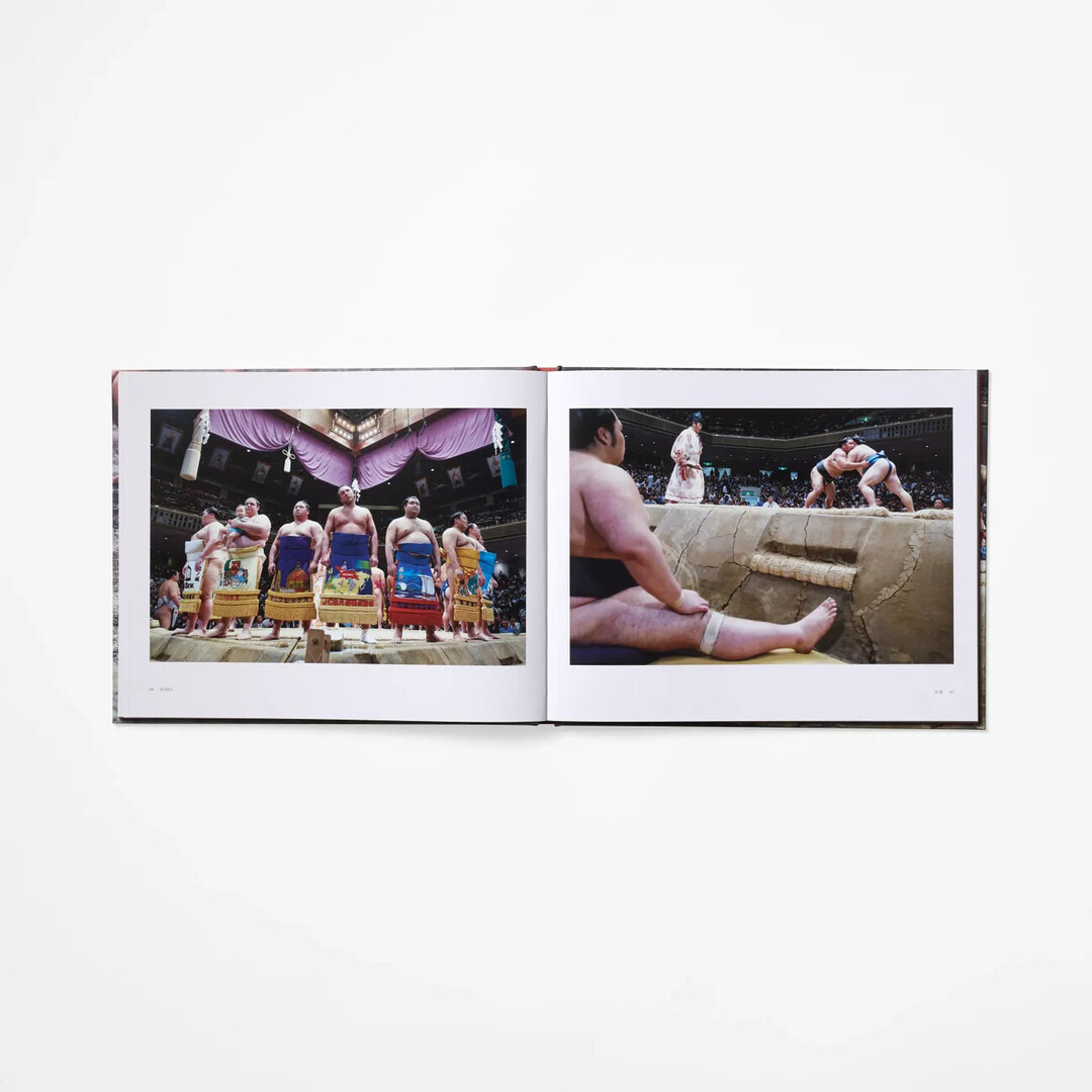 A spread from Sumo with pictures of sumo matches from Japan House London.