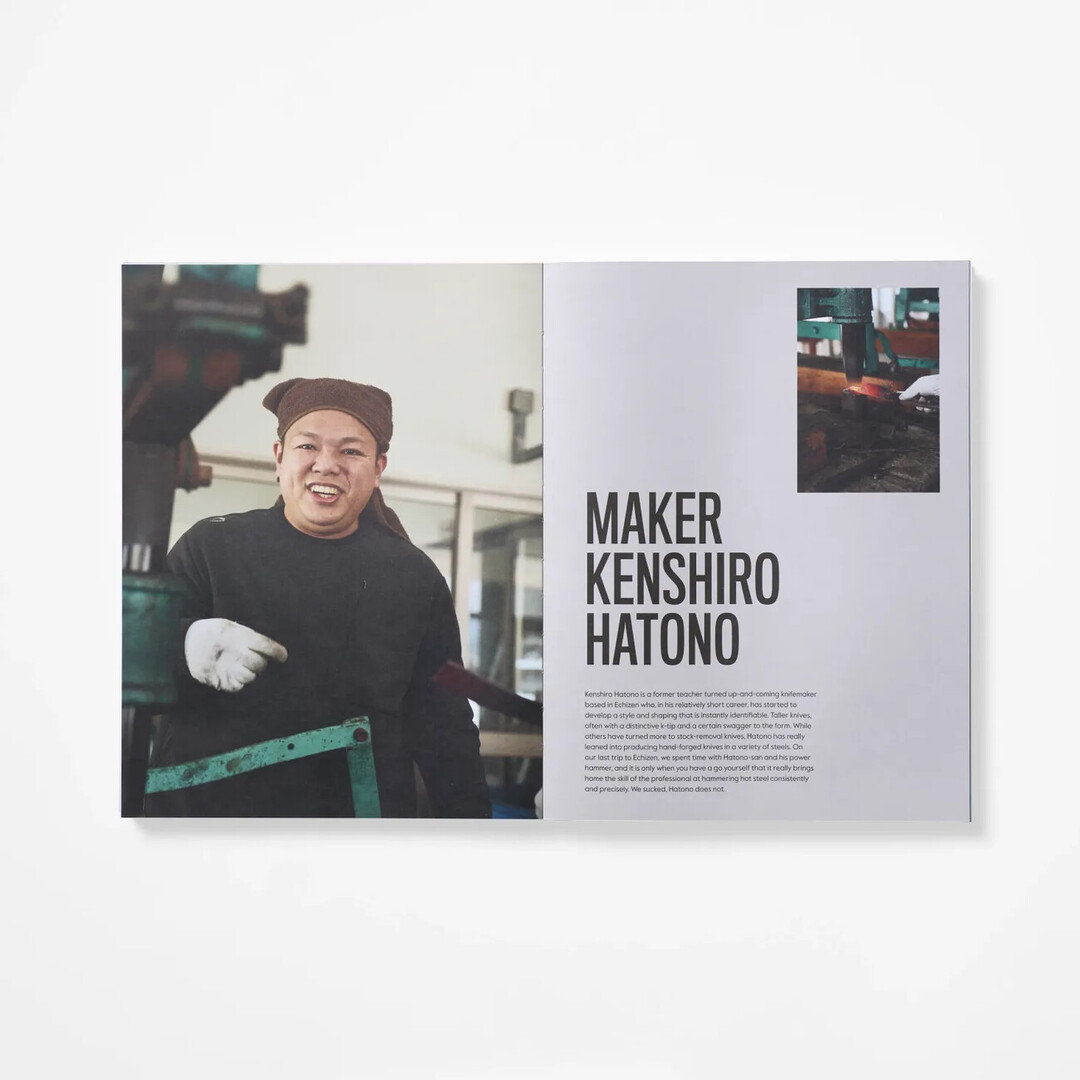 A spread from The Anatomy of a Japanese Knife with images of the maker Kenshiro Hatono of knives from Japan House London.