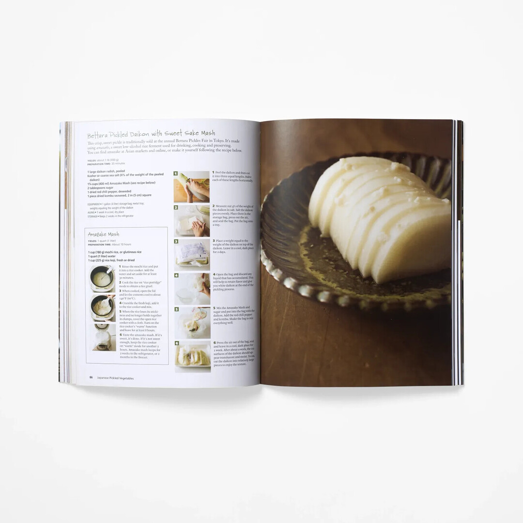 A spread from Japanese Pickled Vegetables by Tateno Machiko with an image of pickles and a recipe from Japan House London.