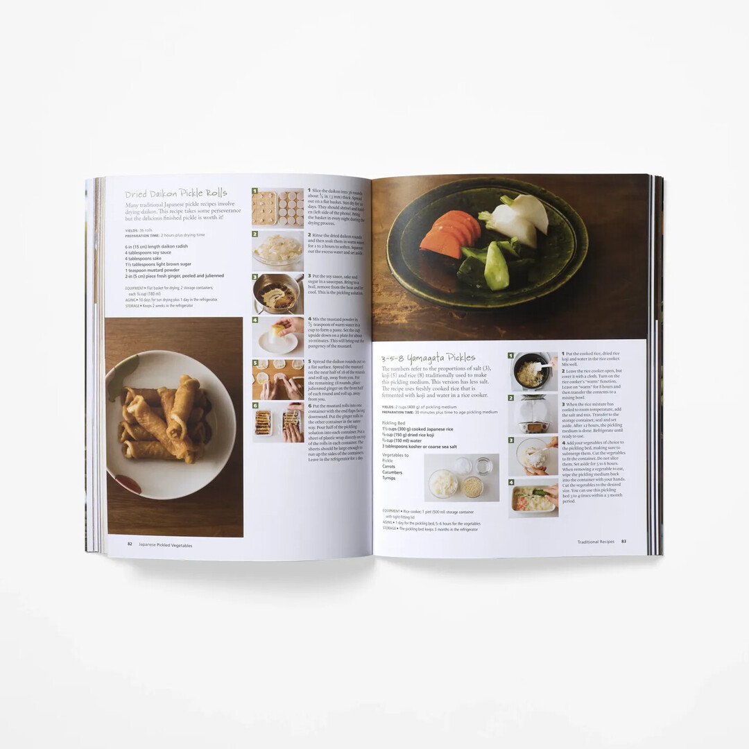 A spread from Japanese Pickled Vegetables by Tateno Machiko with an image of pickles and a recipe from Japan House London.