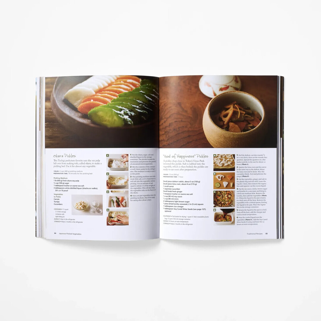 A spread from Japanese Pickled Vegetables by Tateno Machiko with an image of pickles and a recipe from Japan House London.