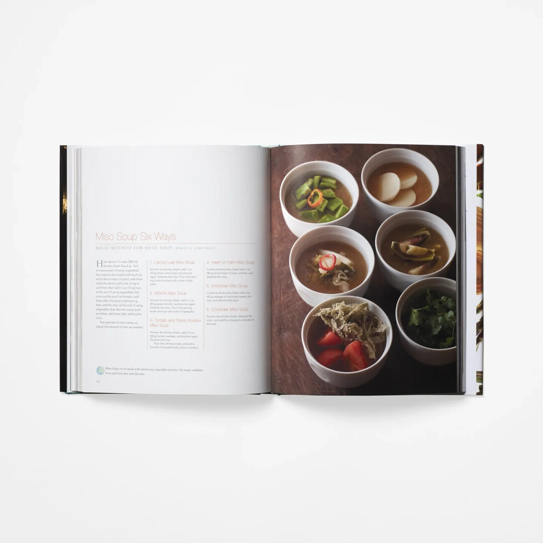A spread from Nobu's Vegetarian Cookbook with a picture of the cooked dish and the recipe by Matsuhisa Nobuyuki from Japan House London.