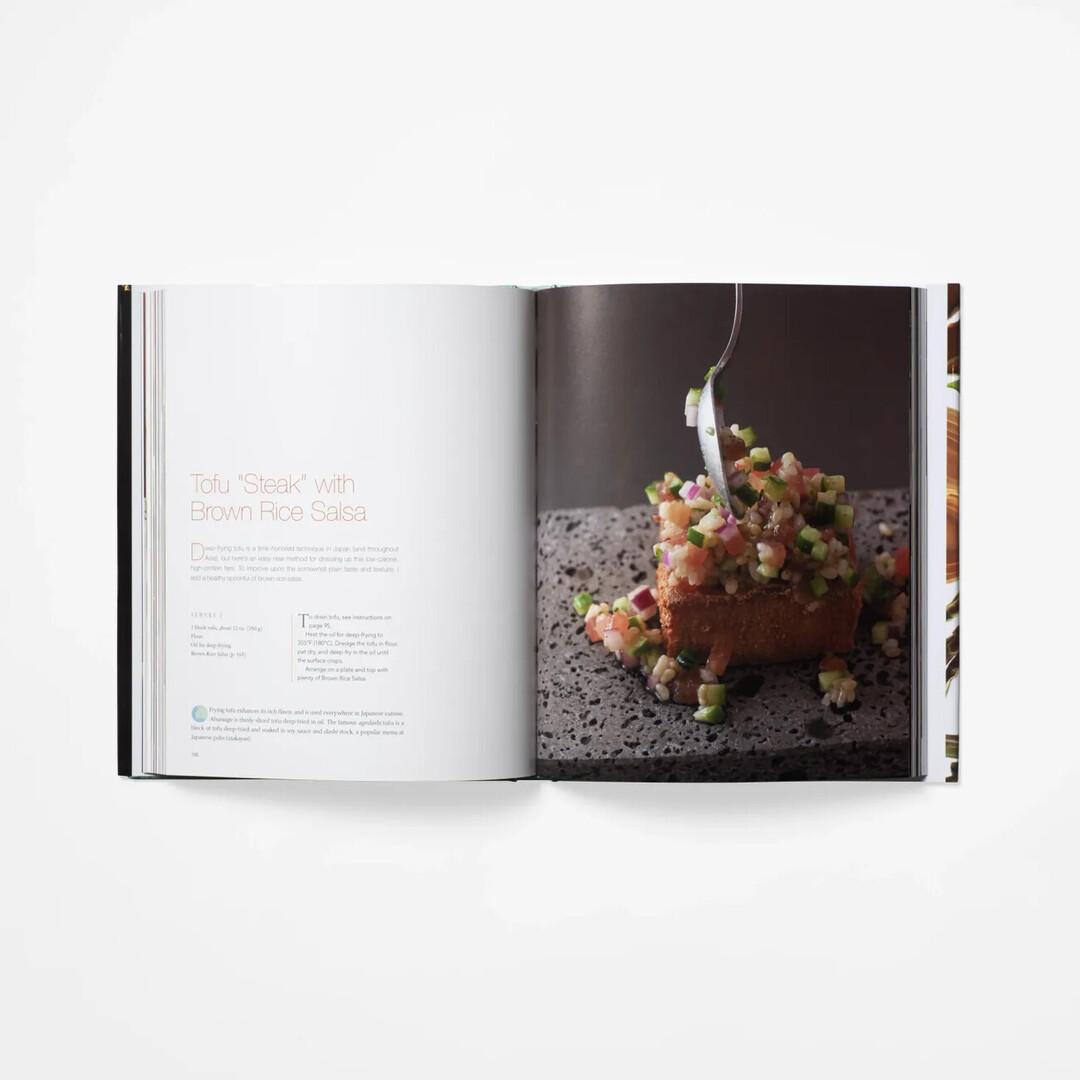 A spread from Nobu's Vegetarian Cookbook with a picture of the cooked dish and the recipe from Matsuhisa Nobuyuki.