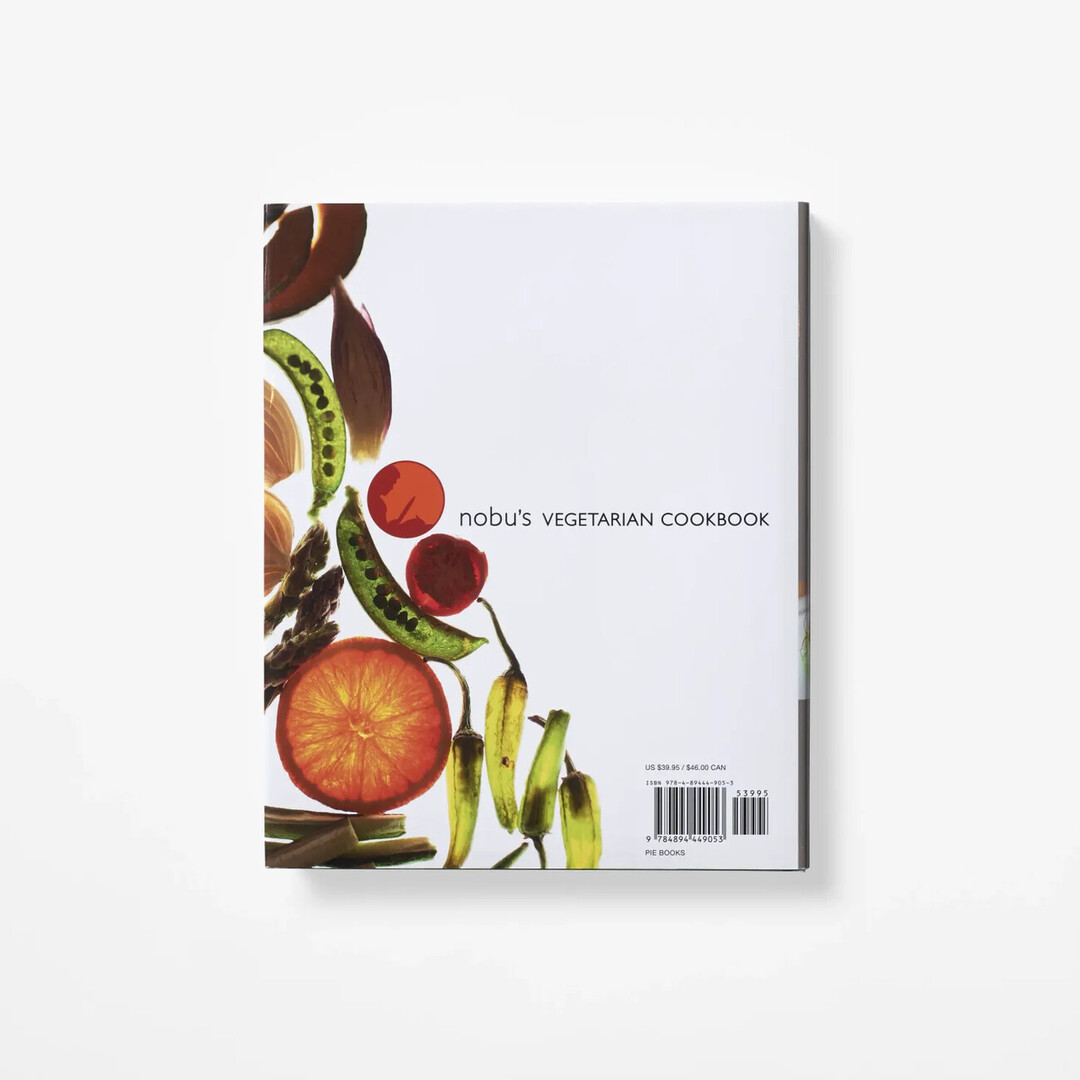 The back cover of Nobu's Vegetarian Cookbook with rows of vegetable sushi by Matsuhisa Nobuyuki from Japan House London.