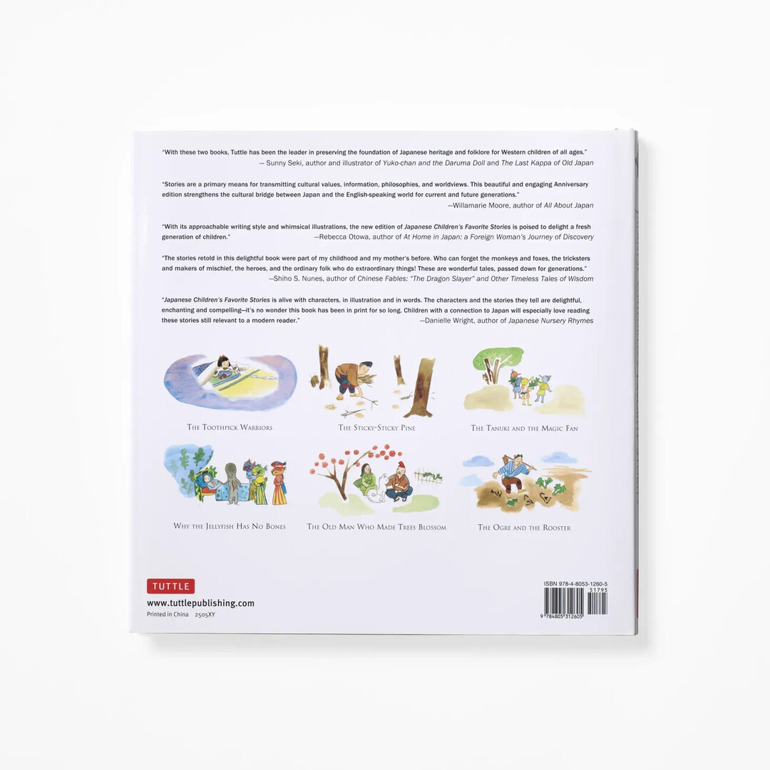 The back cover from Japanese Children's Favorite Stories with illustrations alongside text from Japan House London.