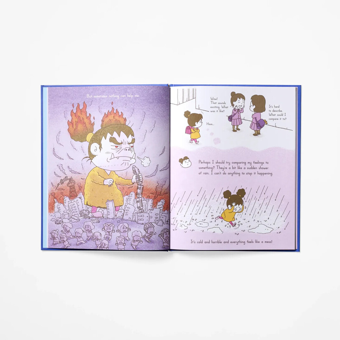 A spread from Why Do I Feel Like This? with illustrations of a small girl exploring her feelings from Japan House London.