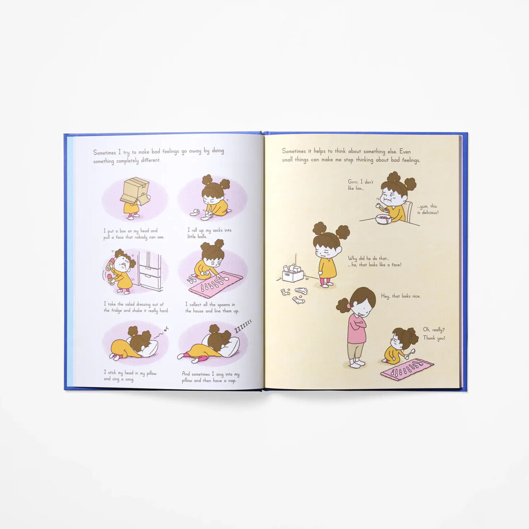 A spread from Why Do I Feel Like This? with illustrations of a small girl exploring her feelings from Japan House London.