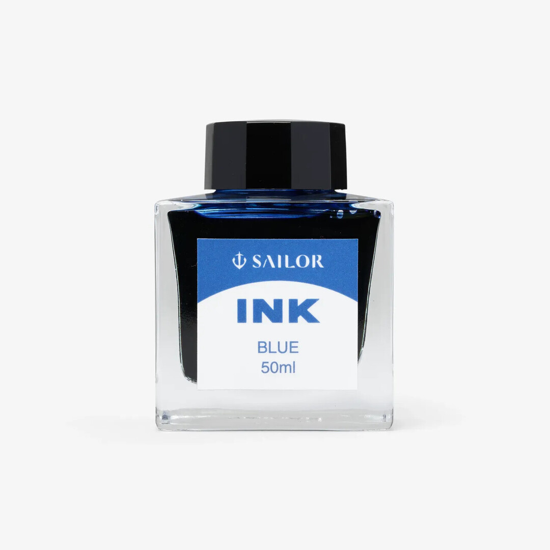 Blue Sailor ink in a cube shaped glass bottle from Japan House London.