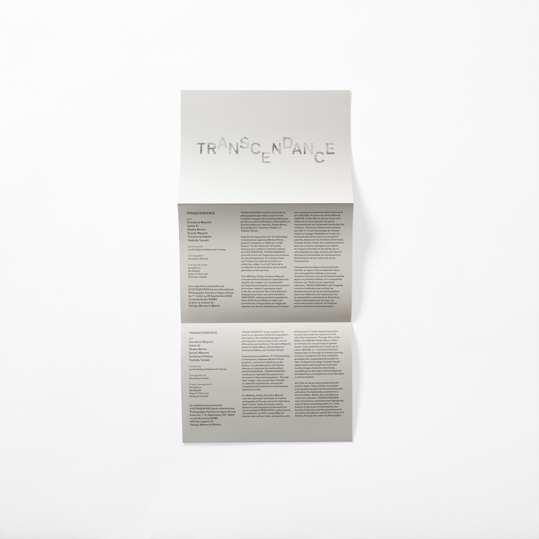 Artist information on a folded booklet from the exhibition 'Transcendance' from Japan House London.