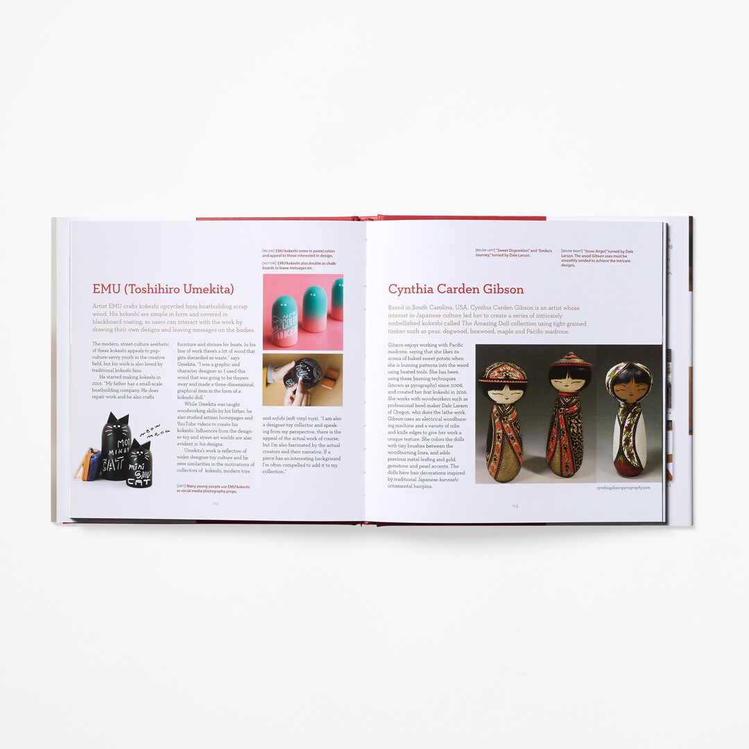 A spread with a photograph of kokeshi from book Japanese Kokeshi Dolls from Japan House London.