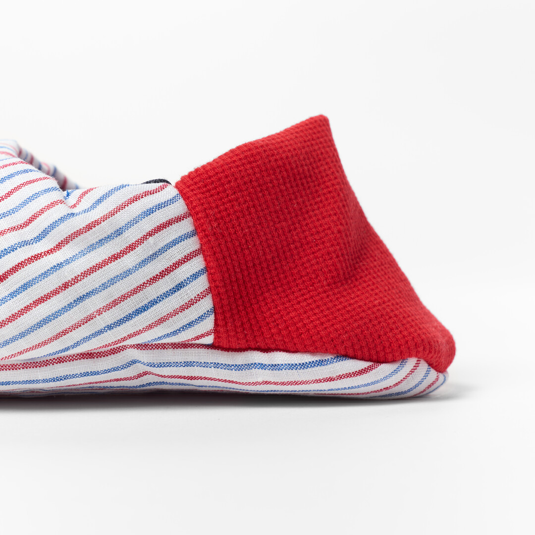 Linen Stripe Canvas Merippa Slippers in blue and red stripes and red heel from Japan House London.