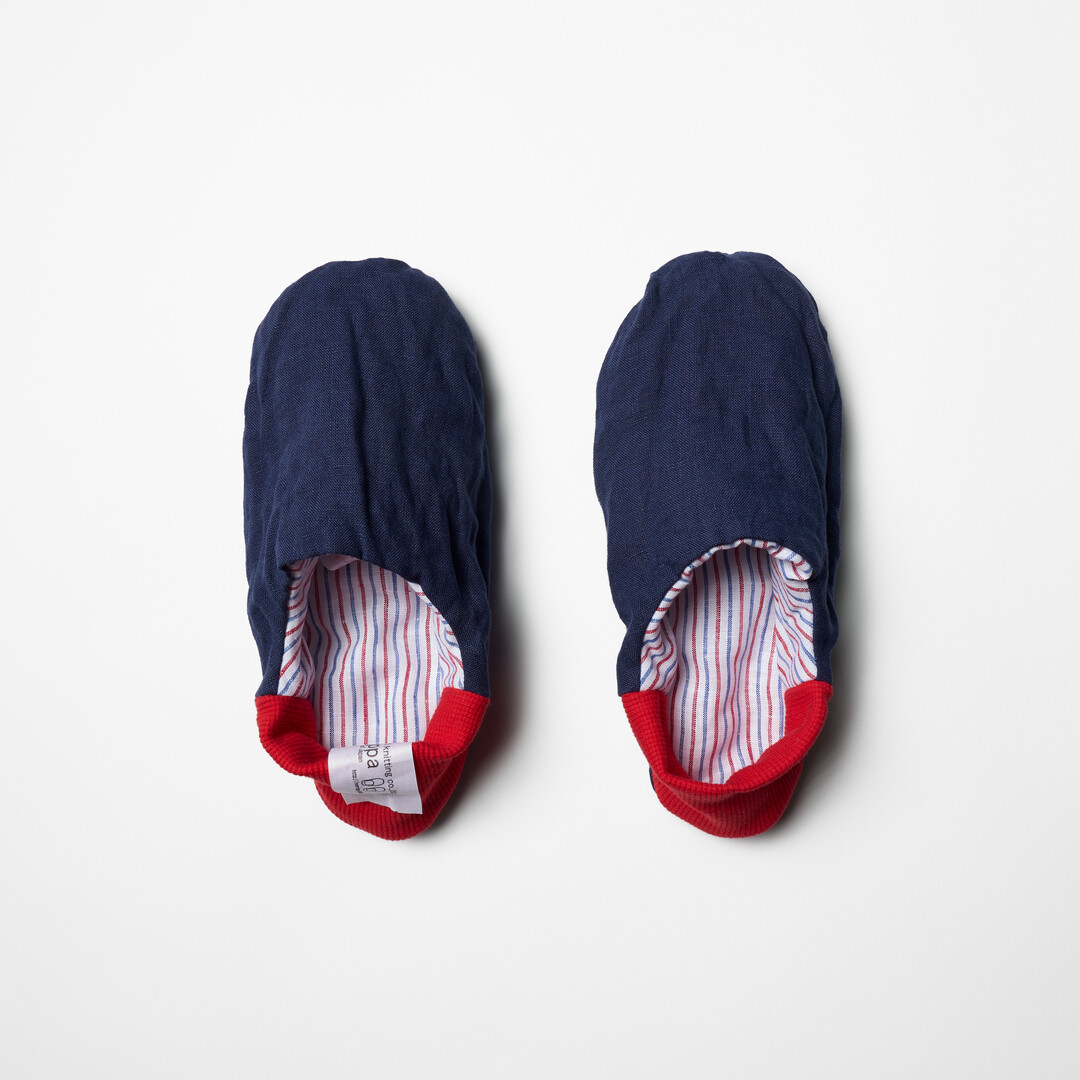Linen Stripe Canvas Merippa Slippers in navy blue body and red heel from Japan House London.