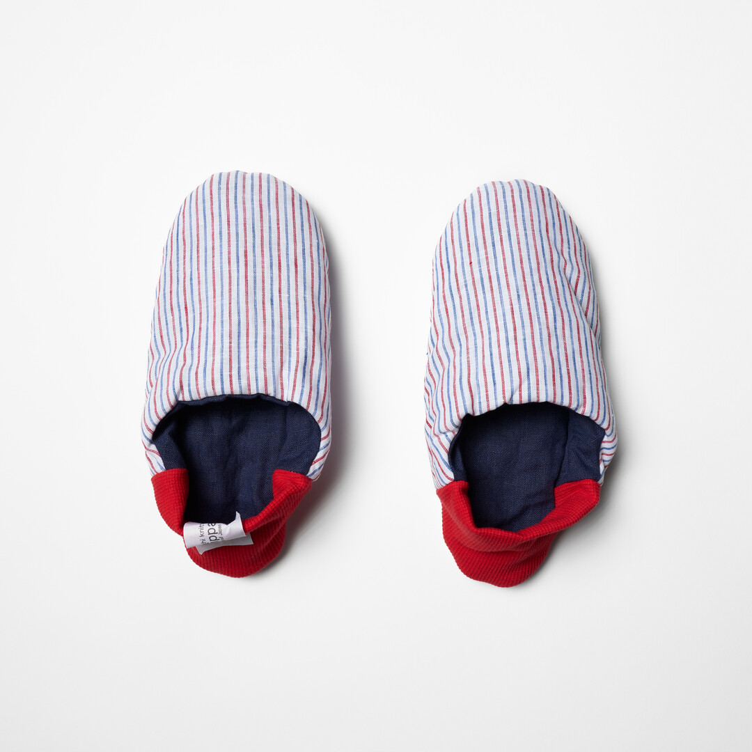 Linen Stripe Canvas Merippa Slippers in blue and red stripes and red heel from Japan House London.