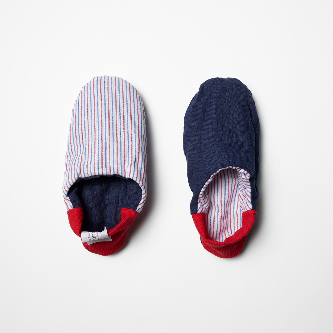 Linen Stripe Canvas Merippa Slippers in blue and red stripes and red heel from Japan House London.