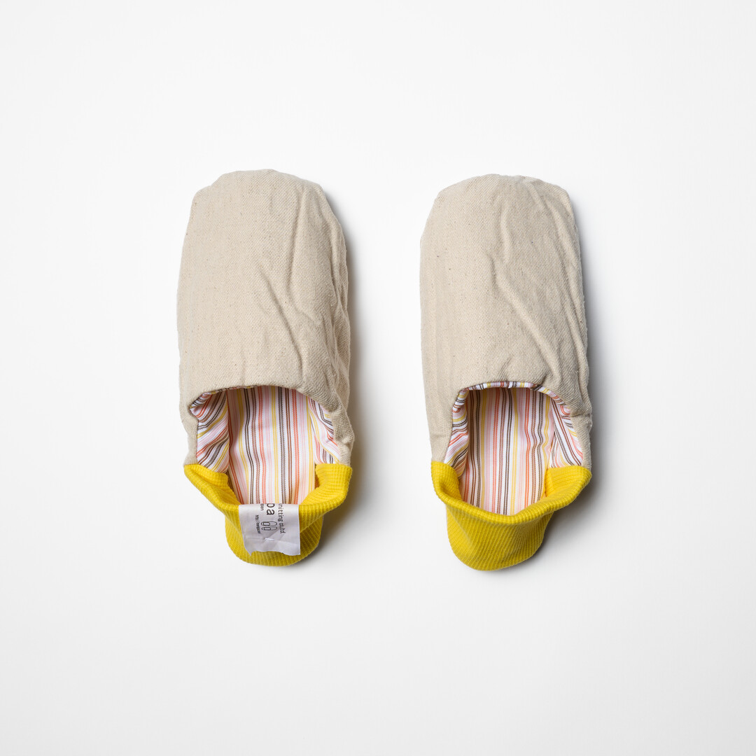 Pick Stripe Knapsack Merippa Slippers with beige and yellow heel from Japan House London.