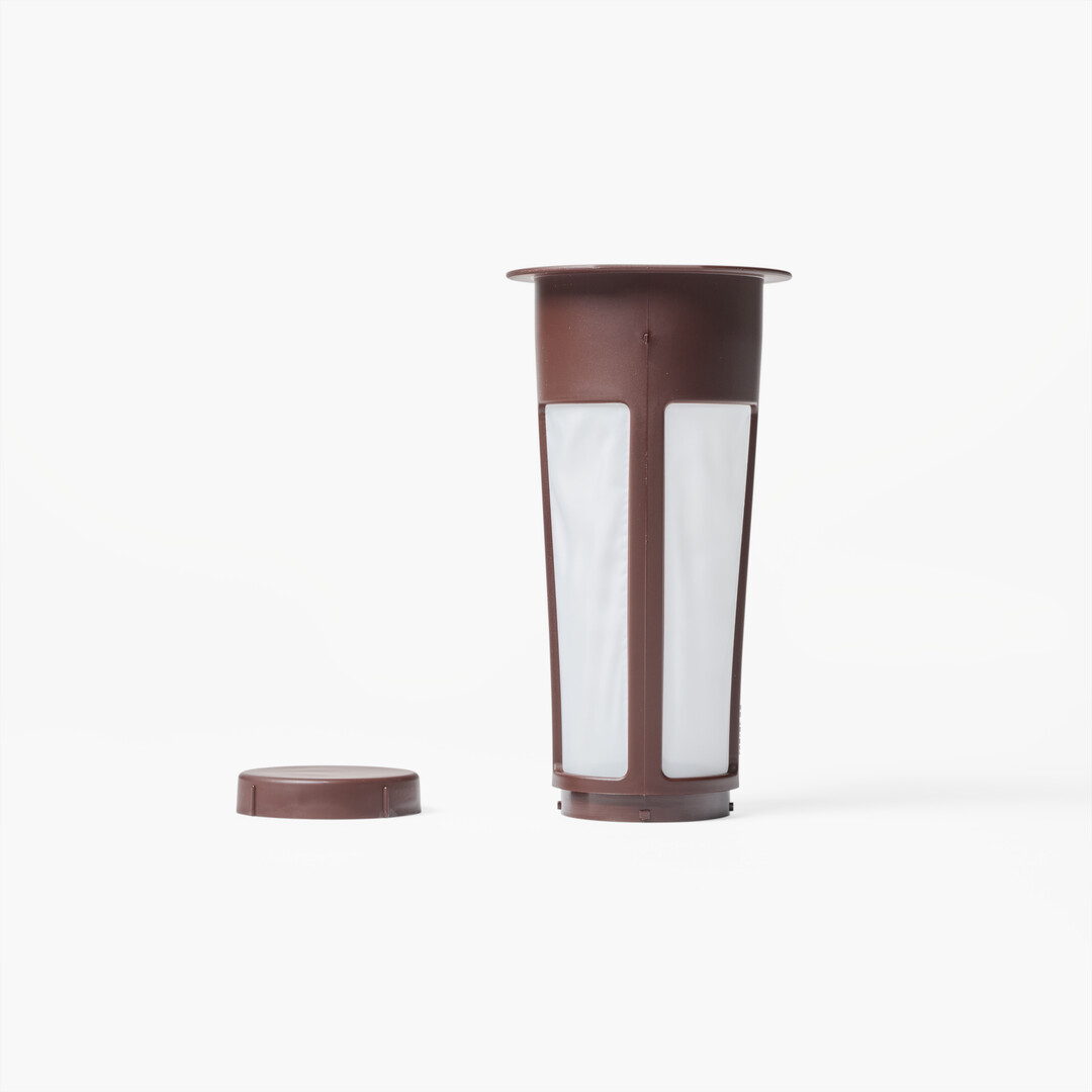 Filter of a brown Hario Mizudashi Cold Brew Pot with removal bottom from Japan House London.