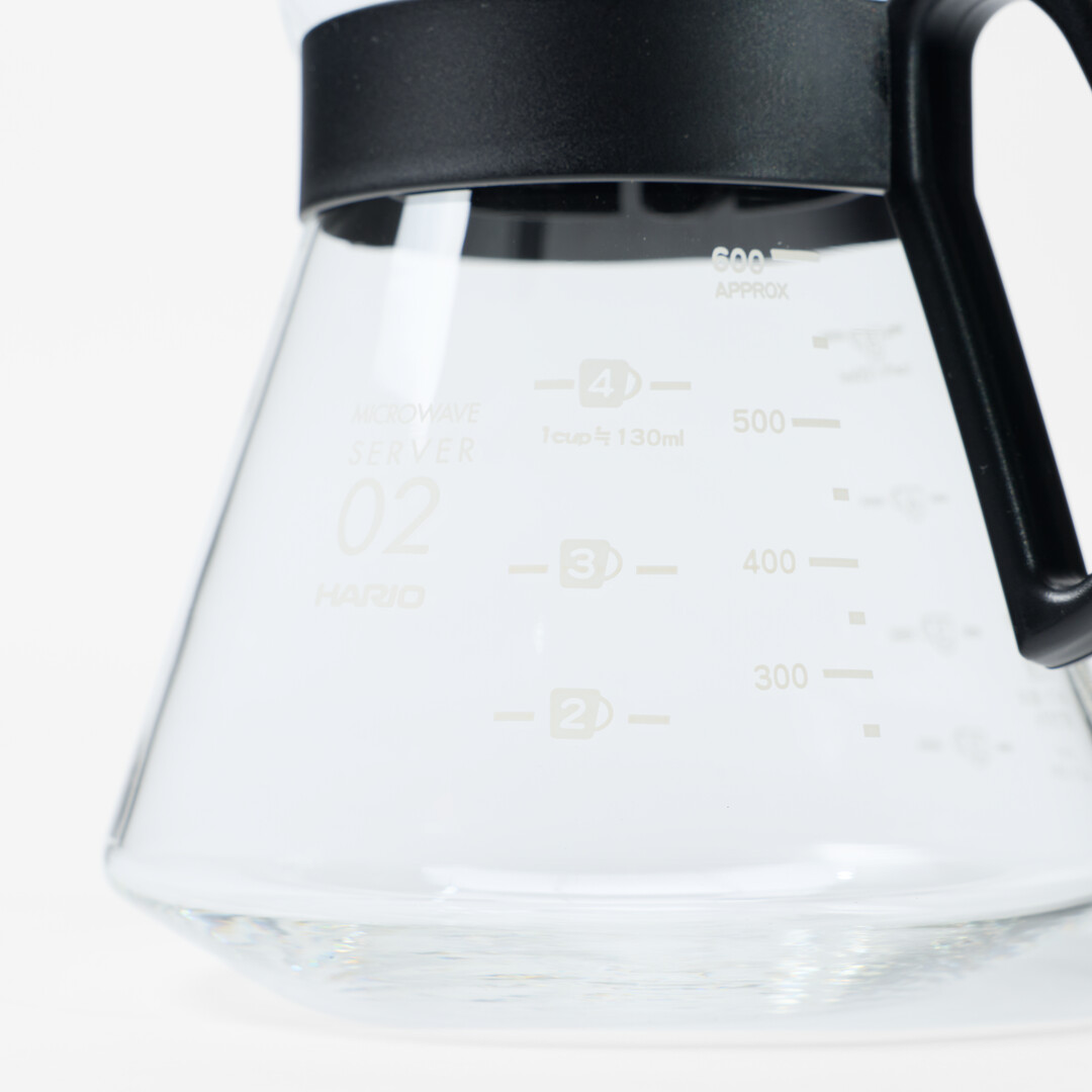 Hario glass coffee server with black handle from Japan House London.
