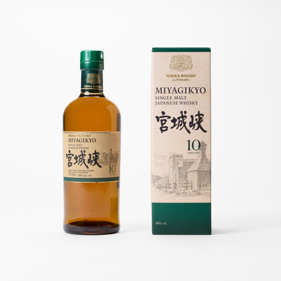 NIKKA Miyagikyo 10 years old in a 700ml brown bottle with green lid and box from Japan House London.