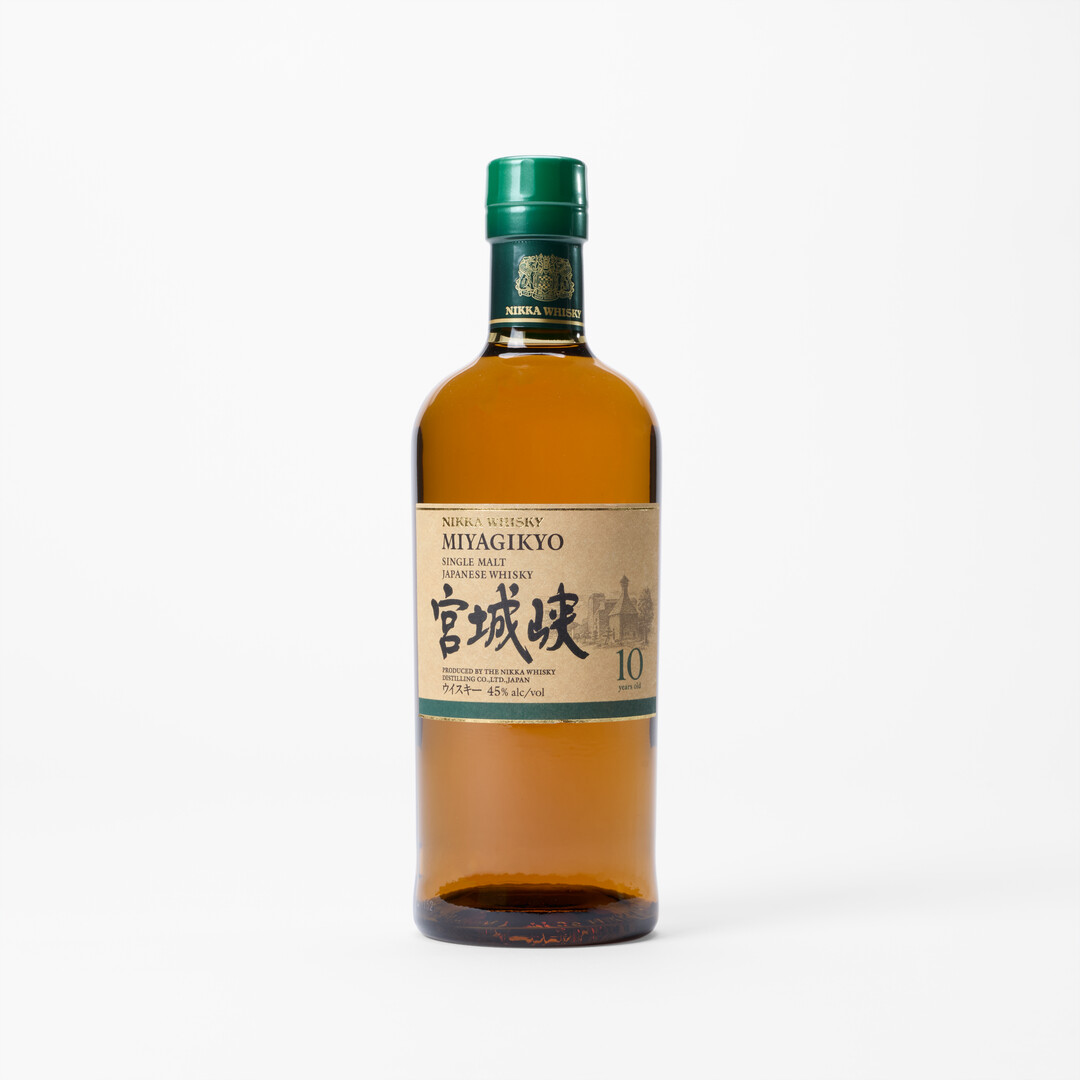 NIKKA Miyagikyo 10 years old in a 700ml brown bottle with green lid from Japan House London.