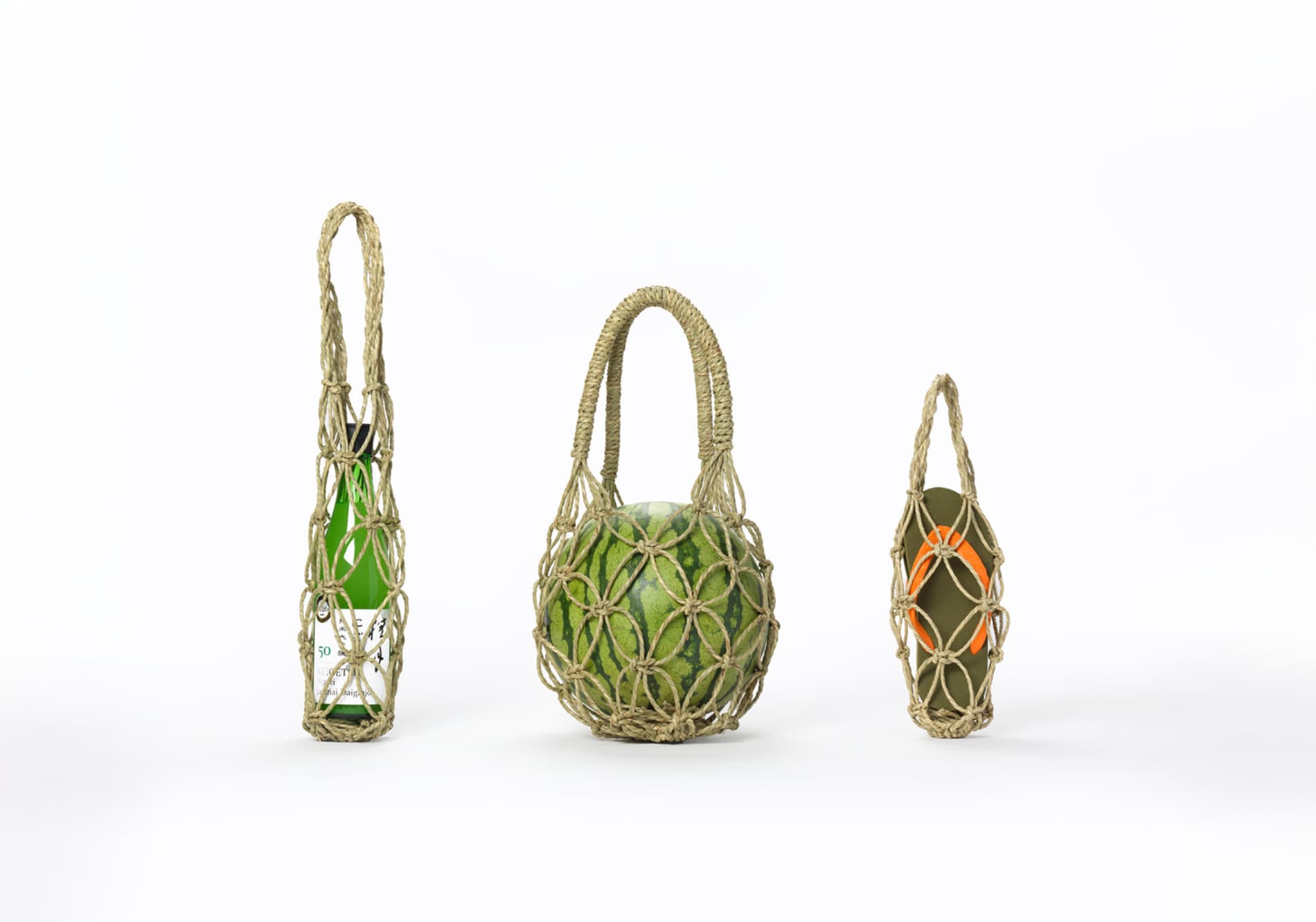 Three sizes of hand woven igusa bags from Japan House London