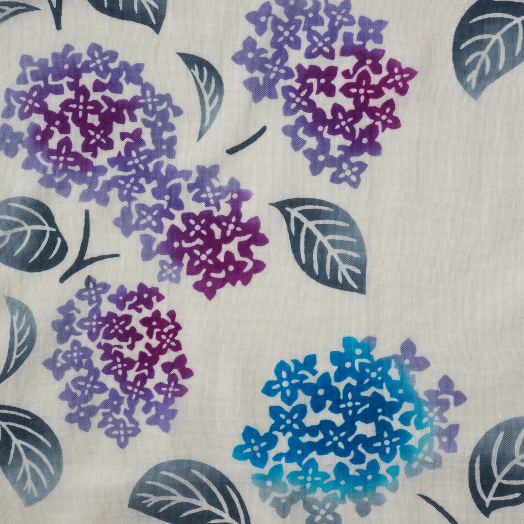 Blue and purple hydrangeas on a tenugui by Kamawanu from Japan House London