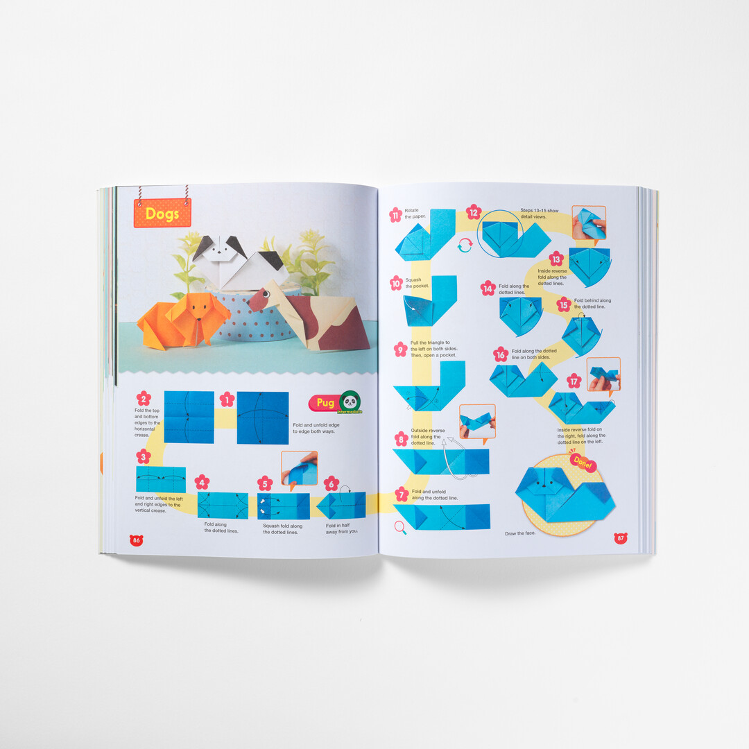 A spread with step by step origami guide from The Ultimate Book of Origami Animals from Japan House London.