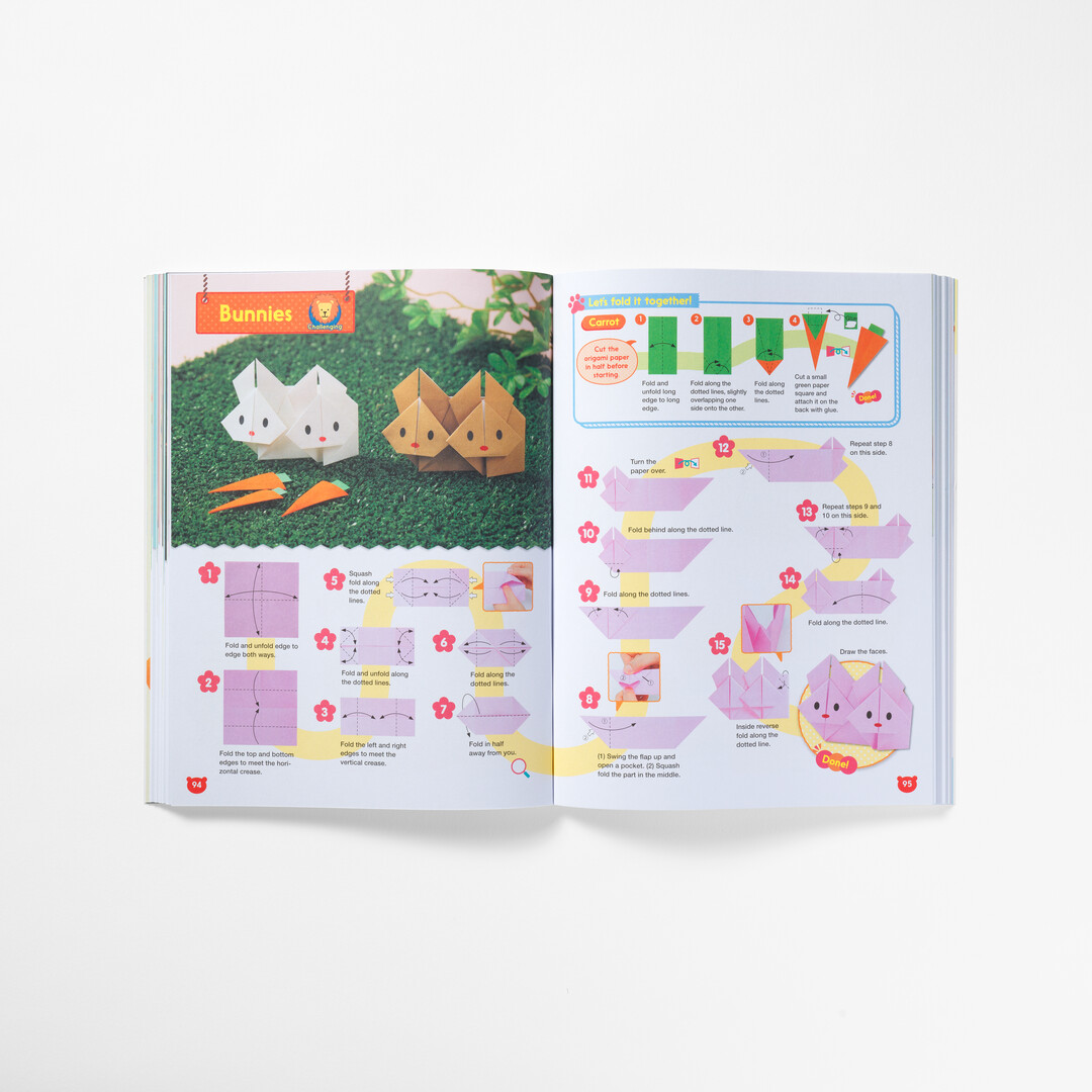 A spread with step by step origami guide from The Ultimate Book of Origami Animals from Japan House London.