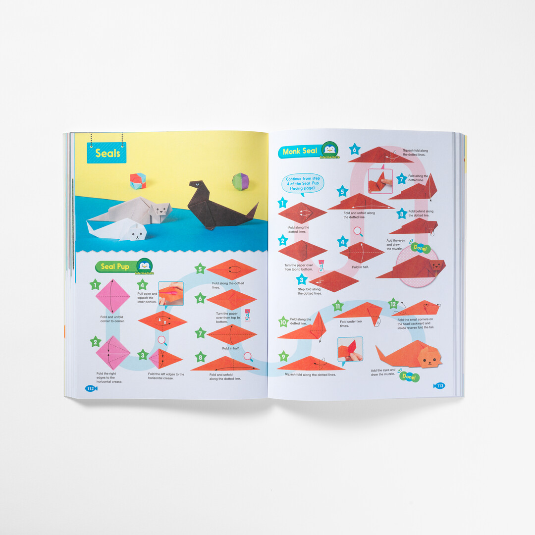A spread with step by step origami guide from The Ultimate Book of Origami Animals from Japan House London.
