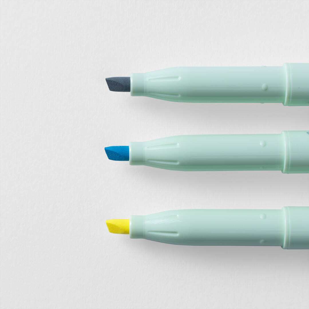 A set of three highlighters in grey, blue and yellow by CDT from Japan House London.