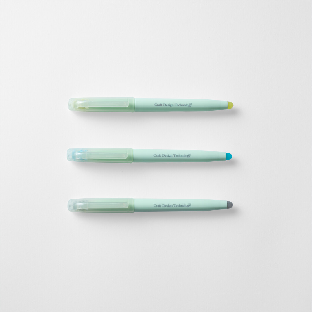 A set of three highlighters in grey, blue and yellow by CDT from Japan House London.