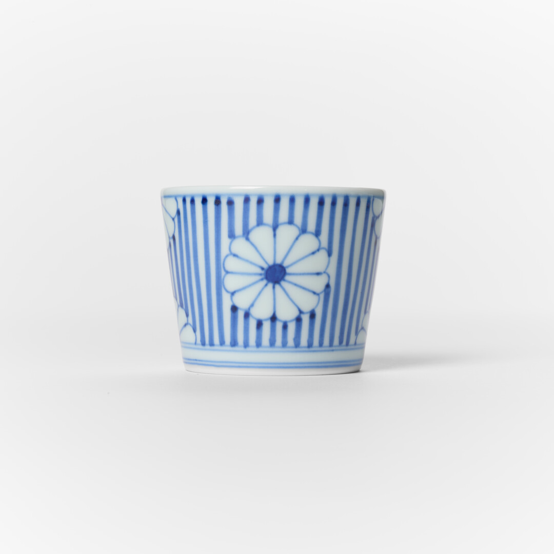 An Arita porcelain soba choko with indigo pattern by Keizangama from Japan House London.