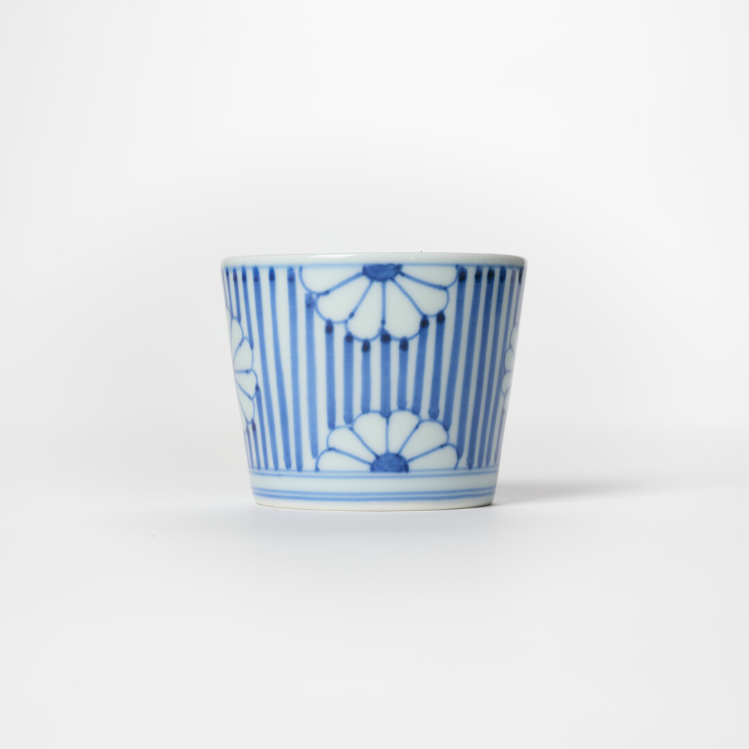 An Arita porcelain soba choko with indigo pattern by Keizangama from Japan House London.