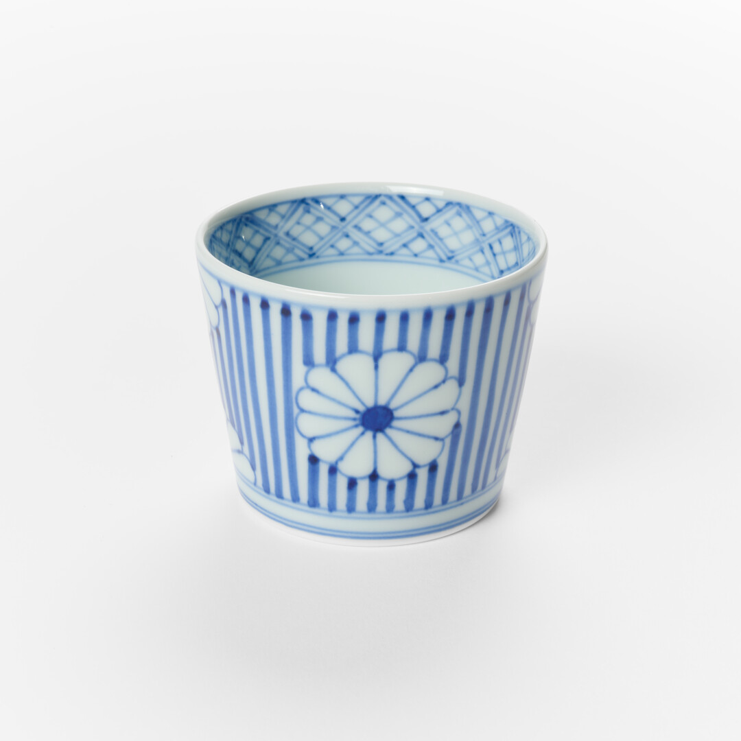 An Arita porcelain soba choko with indigo pattern by Keizangama from Japan House London.