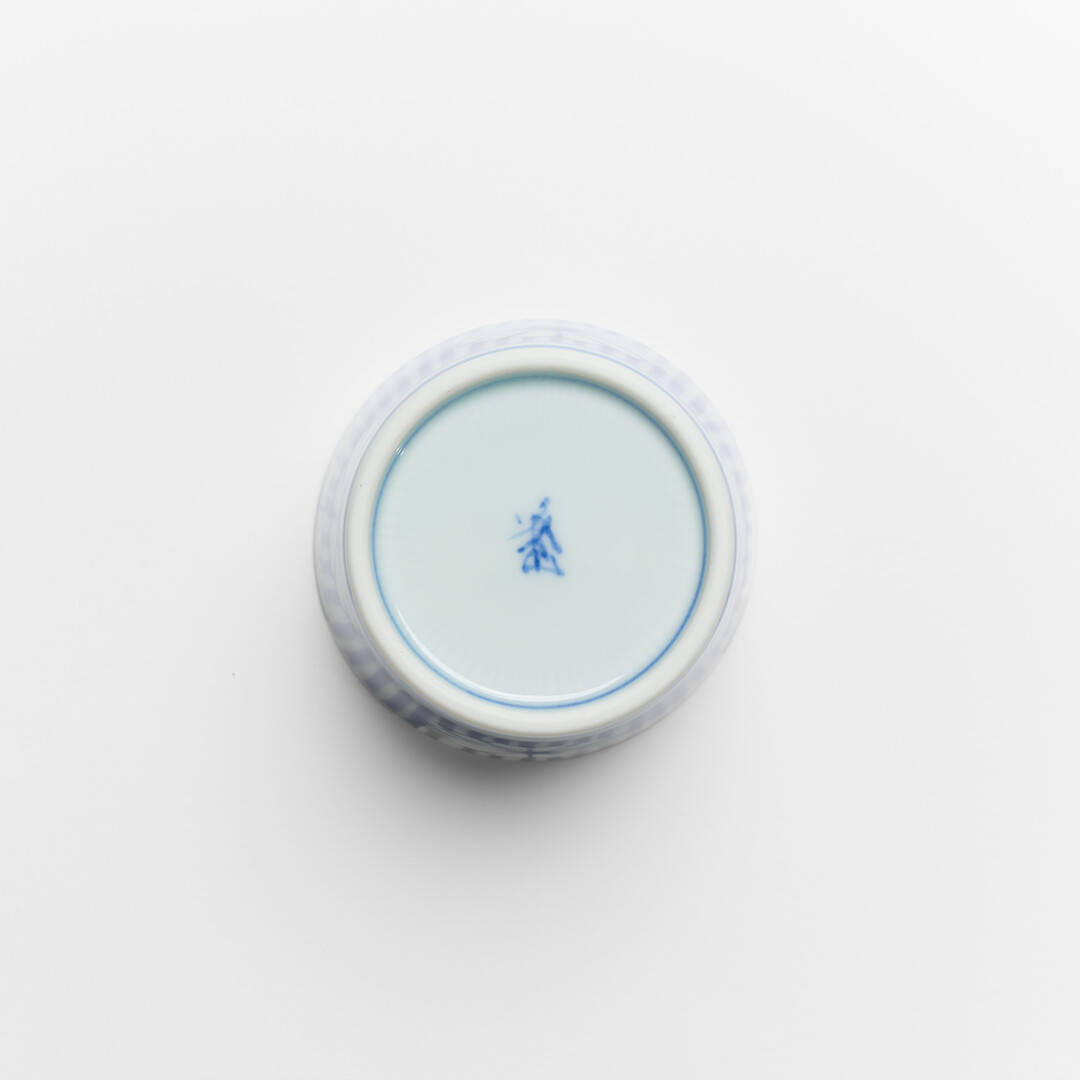 An Arita porcelain soba choko with indigo pattern by Keizangama from Japan House London.