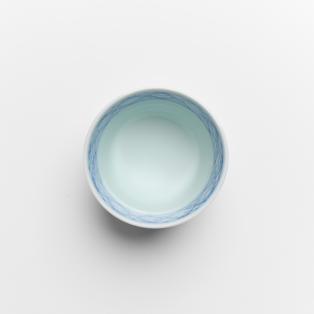 An Arita porcelain soba choko with indigo pattern by Keizangama from Japan House London.
