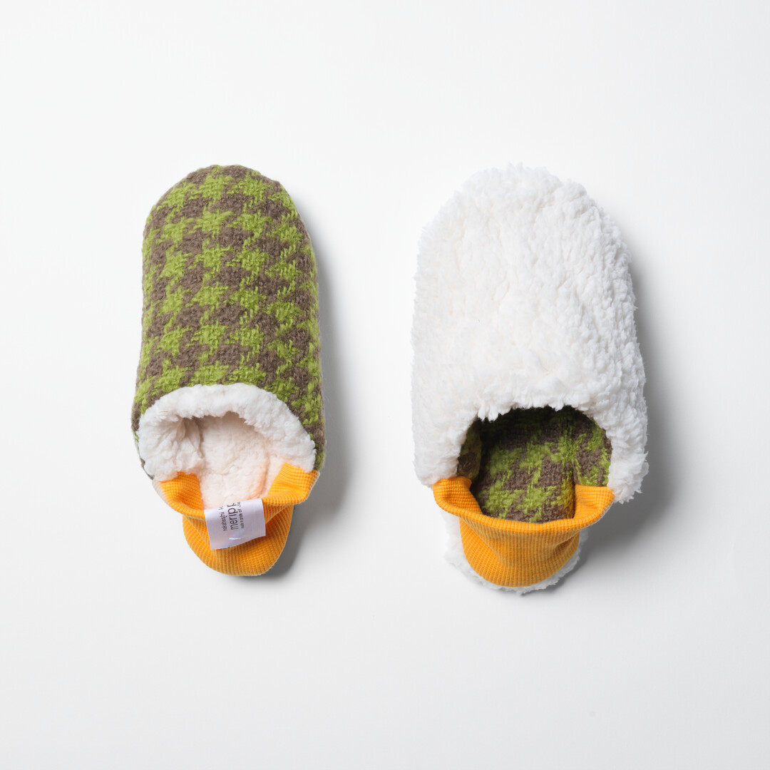 Merippa Slippers Roving Houndstooth x Sheep Boa from Japan House London.
